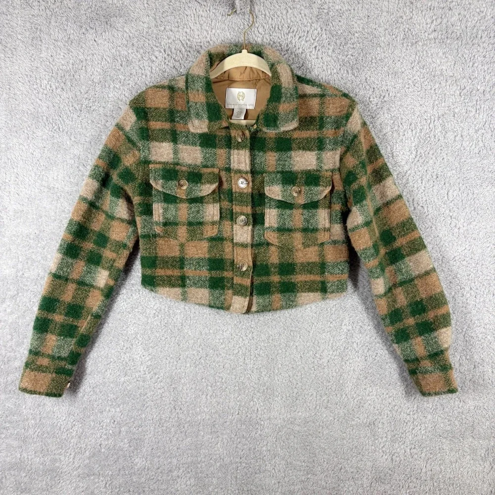 House‎ of Harlow 1960 Plaid Cropped Shirt Jacket Green Tan Size XS Wool Blend
